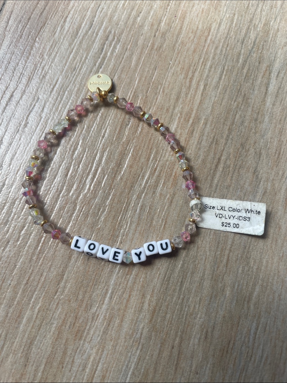 LOVE YOU Pink Clear and Gold Beaded Stretch Bracelet by Little Words Project